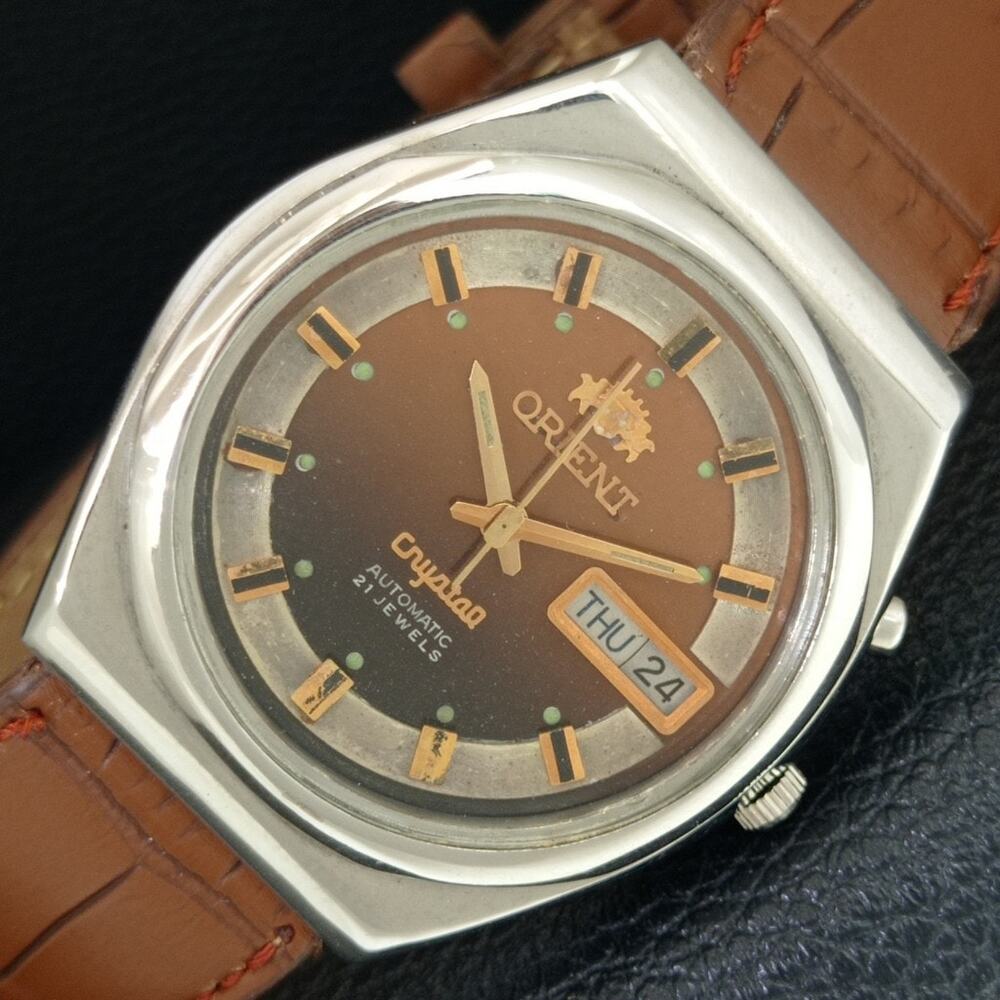 Vintage 1971 Orient Automatic Mens Silver Watch W/daydate & Gold accents